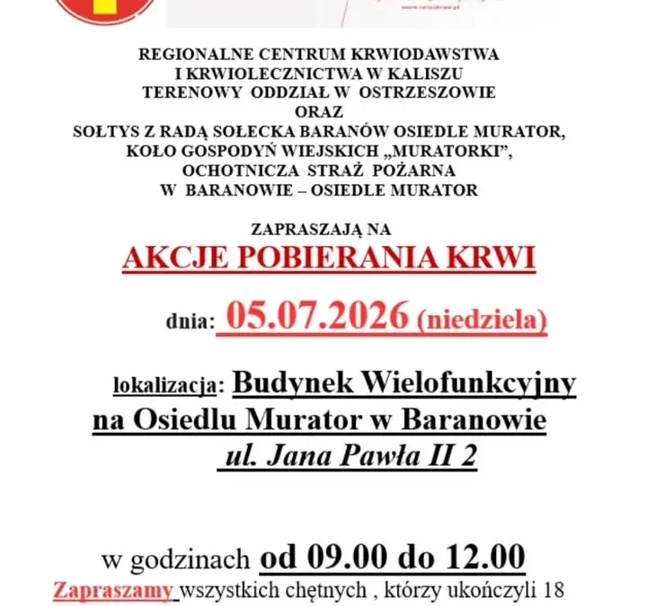 Akcja krwiodawstwa w Baranowie – oddaj krew 5 lipca
