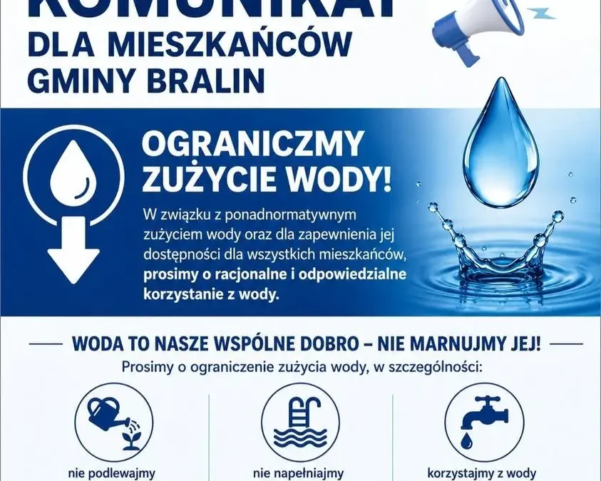 Gmina Bralin apeluje o oszczędzanie wody – komunikuje o nadmiernym zużyciu