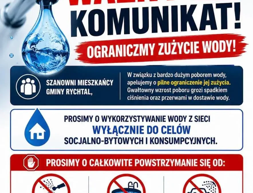 Gmina Rychtal apeluje o oszczędzanie wody – grożą przerwy w dostawie