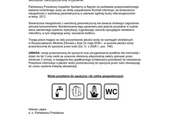 Jakość wody w gminie Rychtal – zalecane gotowanie dla niemowląt i osób z obniżoną odpornością