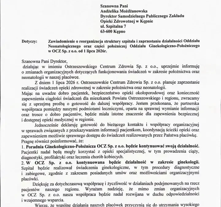 Szpital w Kępnie gotowy na zwiększenie opieki położniczej dla pacjentek z Ostrzeszowa i Kępna