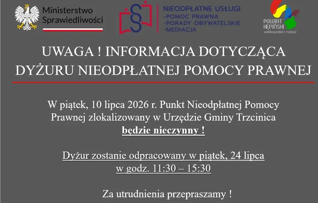 Zmiana dyżuru nieodpłatnej pomocy prawnej w Gminie Trzcinica