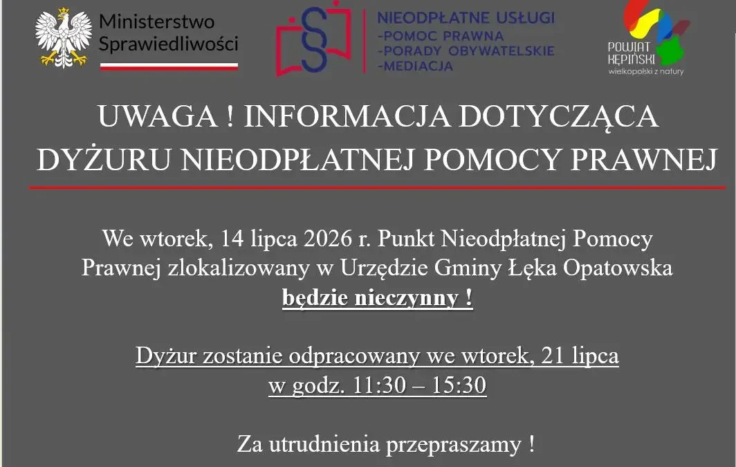 Zmiana dyżuru nieodpłatnej pomocy prawnej w Łęce Opatowskiej
