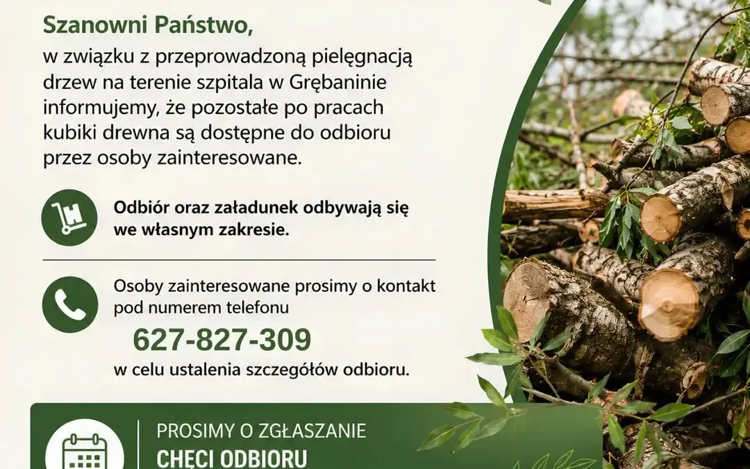 Bezpłatne drewno z pielęgnacji drzew w szpitalu w Grębaninie