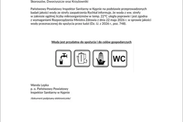 Woda w Rychtalu i okolicach znów zdatna do picia – PPIS odwołuje zakaz