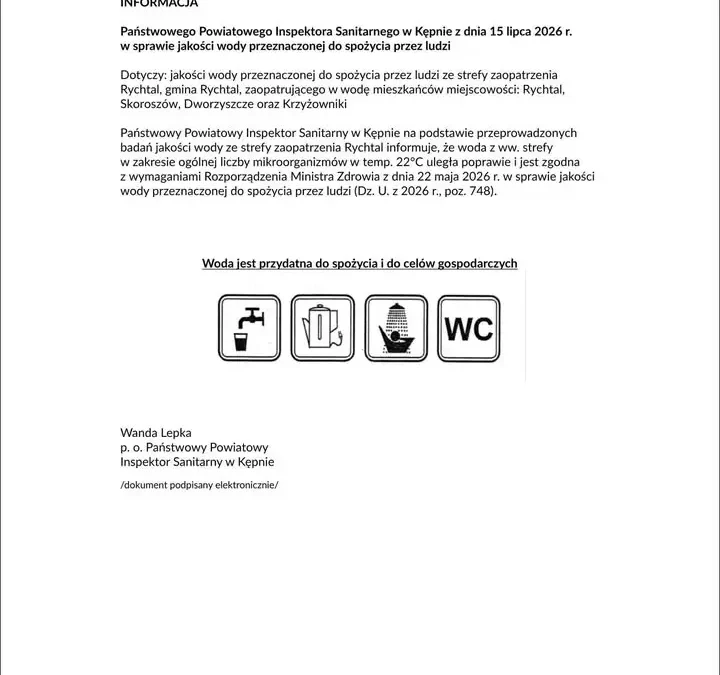 Woda w Rychtalu i okolicach znów zdatna do picia – PPIS odwołuje zakaz