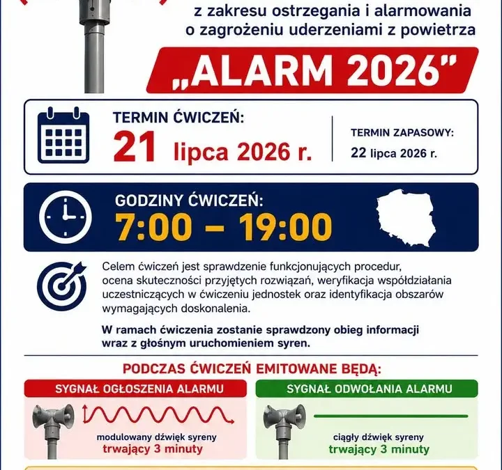 Ogólnopolskie ćwiczenia „ALARM 2026” – 20 lipca zawyją syreny