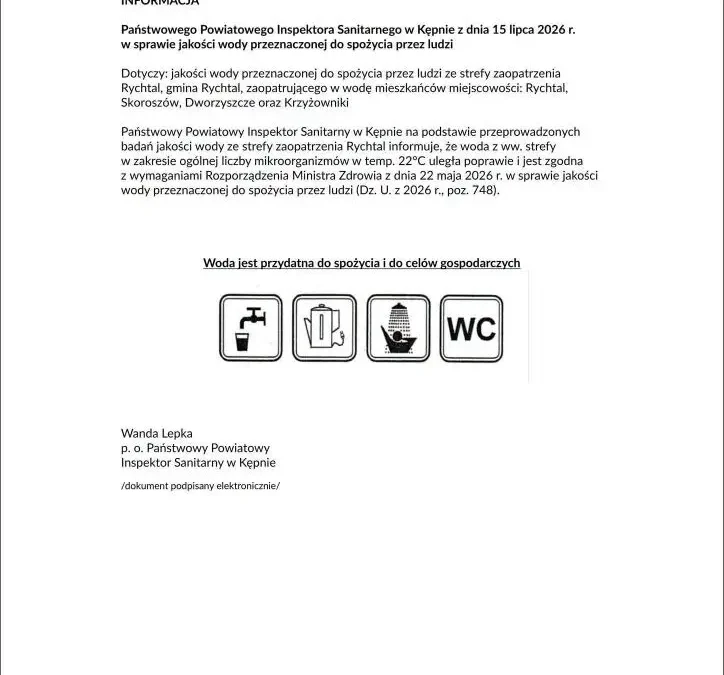 Woda w gminie Rychtal ponownie zdatna do spożycia
