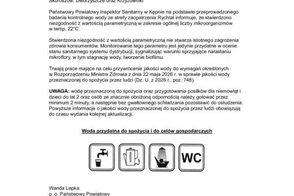 Nieprawidłowości w jakości wody w gminie Rychtal – zalecenia sanepidu