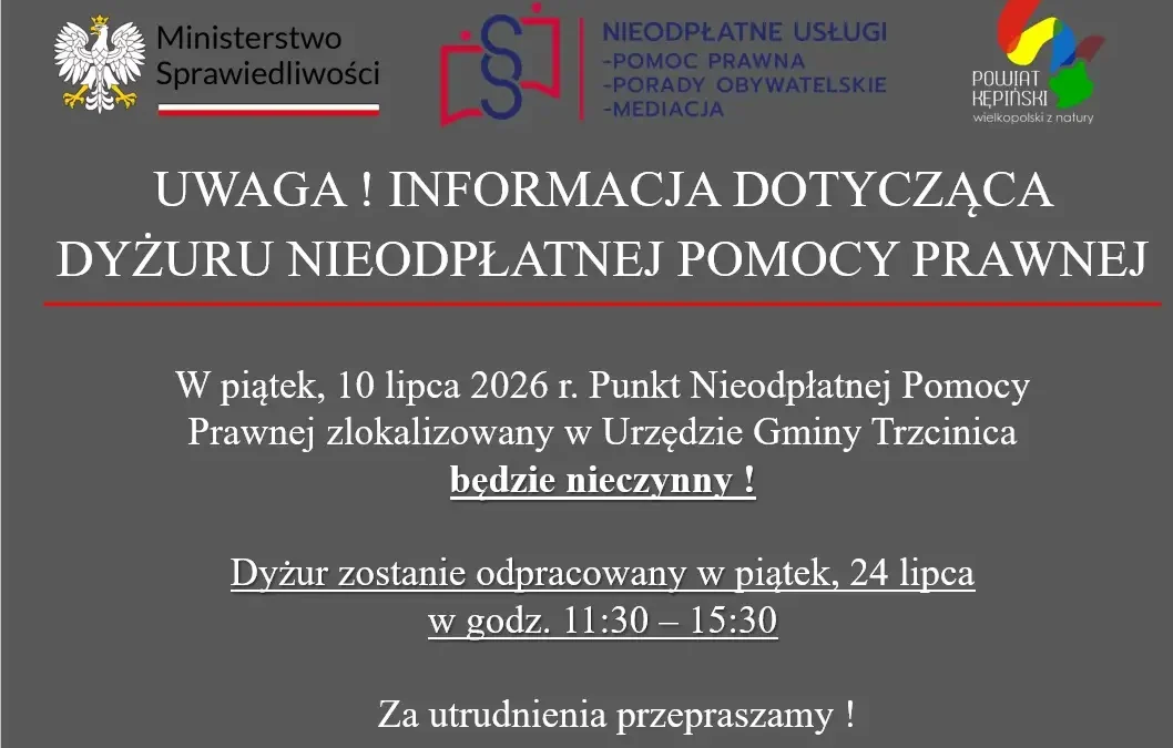 Zmiana terminu dyżuru nieodpłatnej pomocy prawnej w Trzcinicy