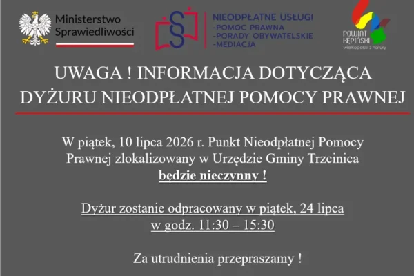 Zmiana terminu dyżuru nieodpłatnej pomocy prawnej w Trzcinicy