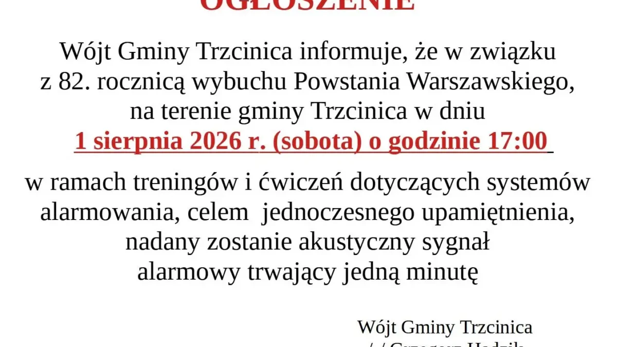 Gmina Trzcinica upamiętni 82. rocznicę wybuchu Powstania Warszawskiego