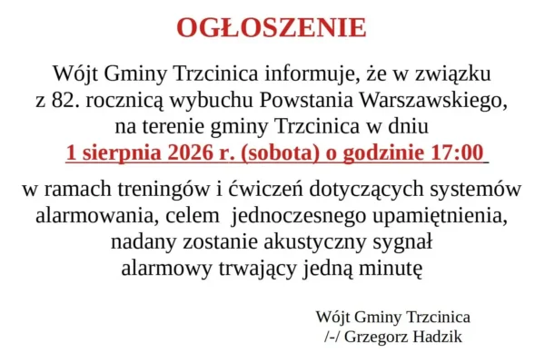 Gmina Trzcinica upamiętni 82. rocznicę wybuchu Powstania Warszawskiego