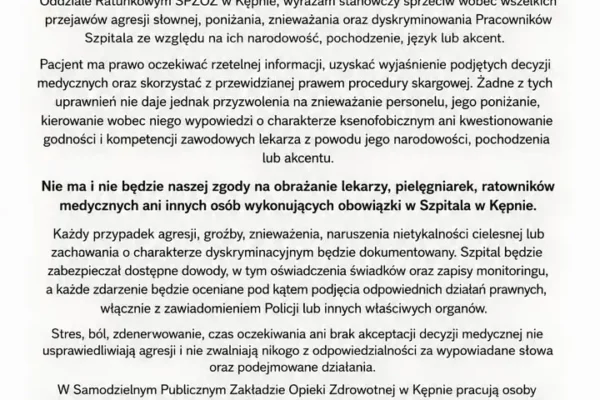 Zero tolerancji dla agresji w szpitalu w Kępnie – stanowisko dyrekcji