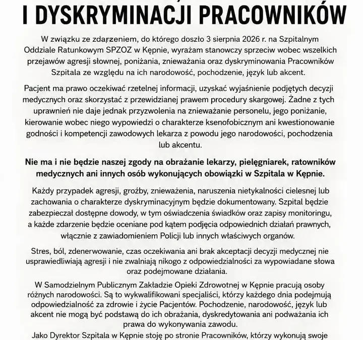 Zero tolerancji dla agresji w szpitalu w Kępnie – stanowisko dyrekcji