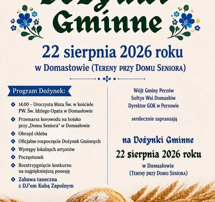 Dożynki Gminne 2026 w Domasłowie – zaproszenie na wspólne świętowanie