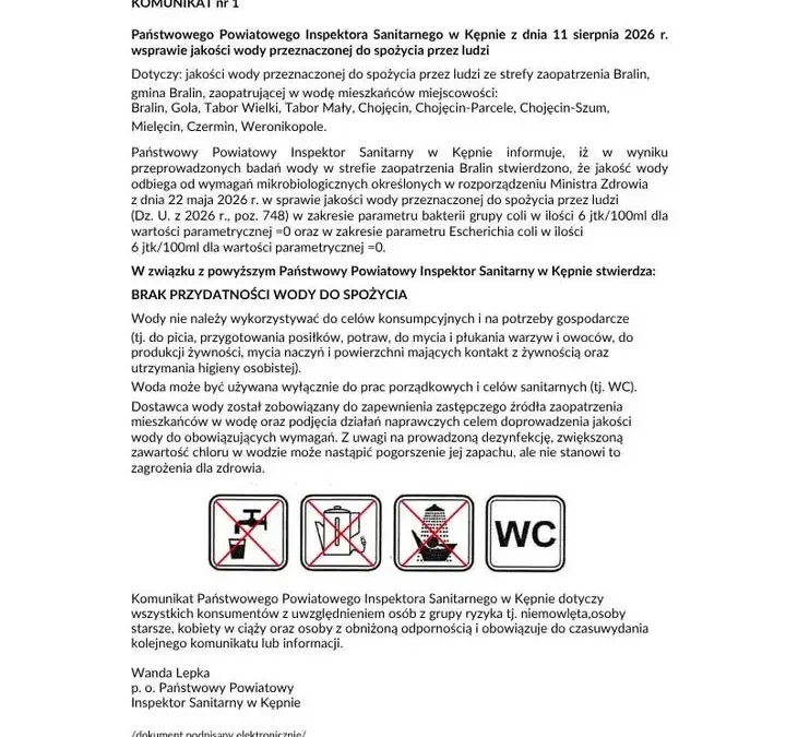Pilny komunikat: jakość wody w Bralinie – gmina informuje o działaniach