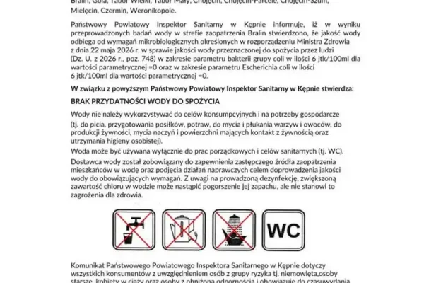 Gmina Bralin: Pilny komunikat w sprawie jakości wody – będą kolejne informacje