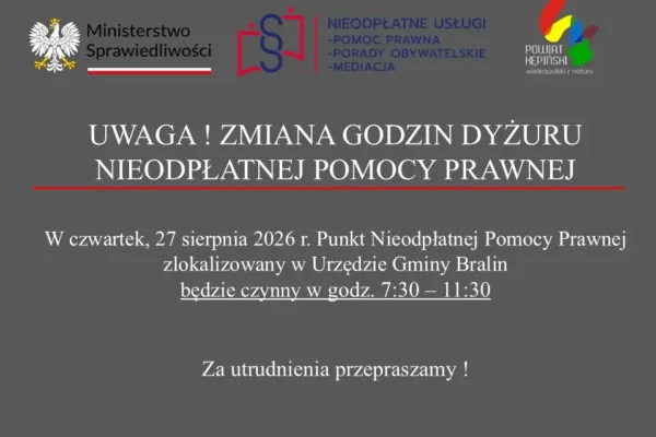 Zmiana godzin dyżuru nieodpłatnej pomocy prawnej w gminie Bralin