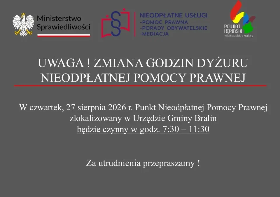 Zmiana godzin dyżuru nieodpłatnej pomocy prawnej w gminie Bralin