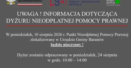 Zmiana terminu dyżuru nieodpłatnej pomocy prawnej w Baranowie