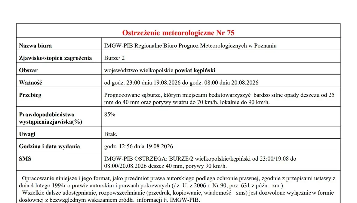 Ostrzeżenie IMGW: burze drugiego stopnia w powiecie kępińskim
