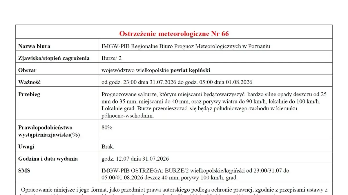 Ostrzeżenie IMGW: burze drugiego stopnia w nocy z 31 lipca na 1 sierpnia