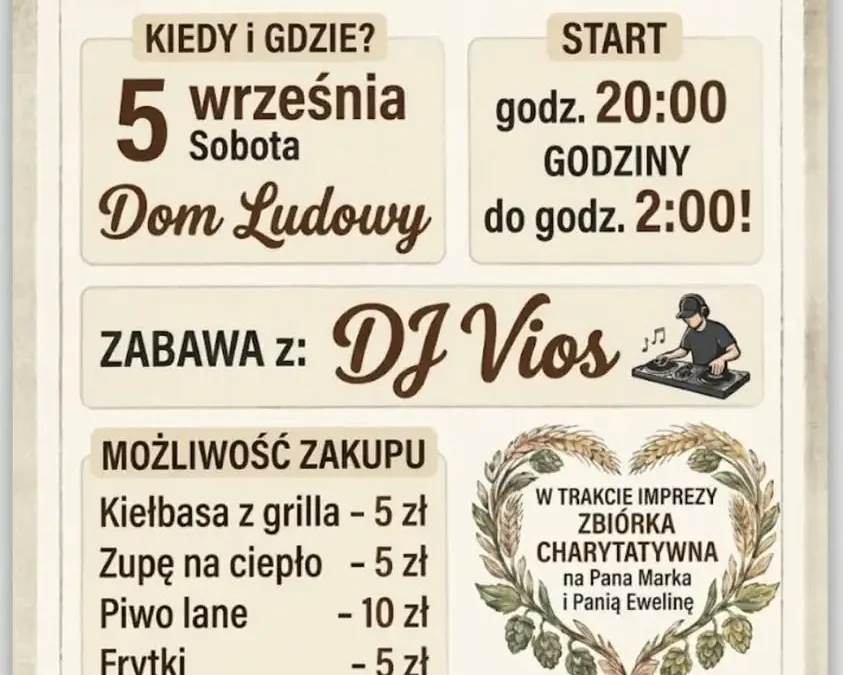 Charytatywny festyn rodzinny i potańcówka w Nowej Wsi Książęcej – pomóżmy Ewelinie i Markowi