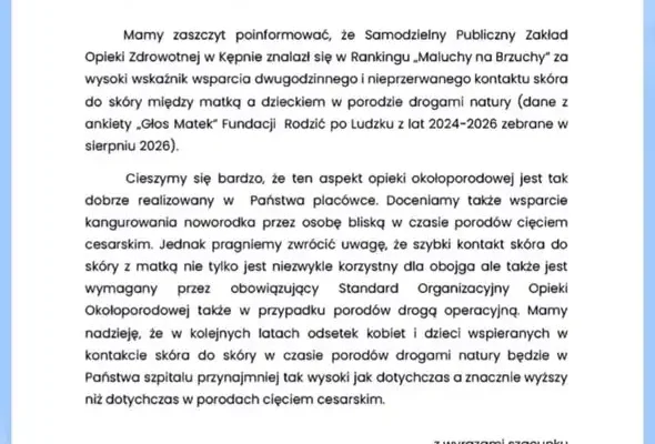 Szpital w Kępnie wyróżniony w rankingu „Maluchy na Brzuchy” za kontakt skóra do skóry
