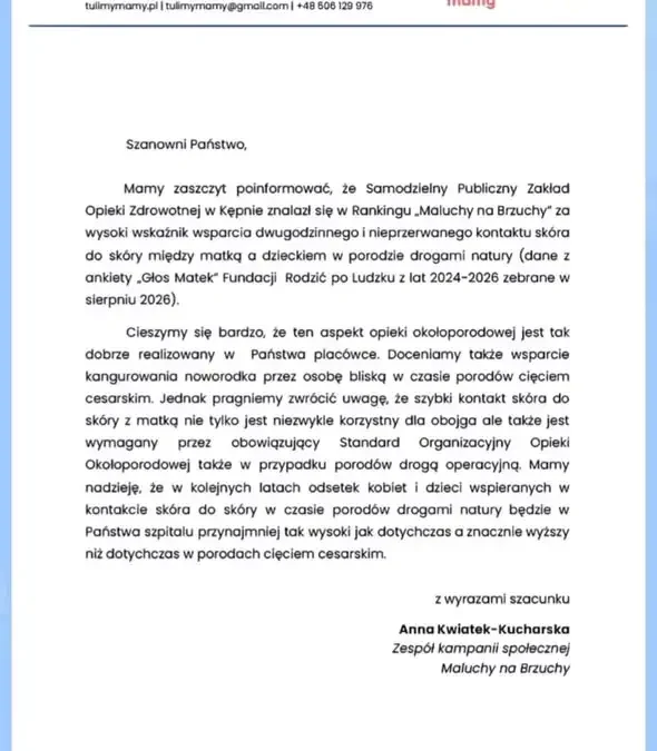 Szpital w Kępnie wyróżniony w rankingu „Maluchy na Brzuchy” za kontakt skóra do skóry