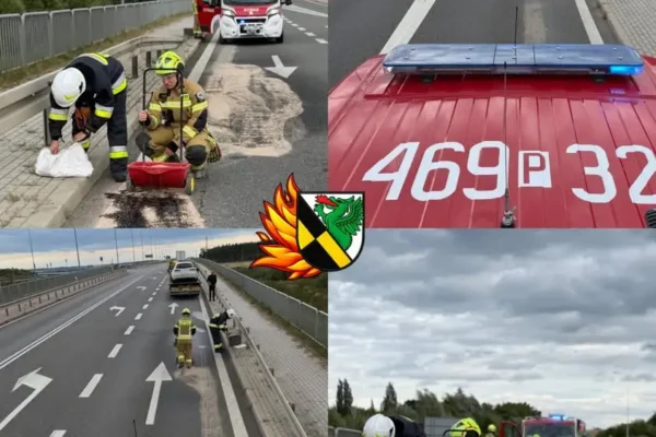Plama oleju na drodze w Słupi pod Bralinem – interwencja OSP Perzów