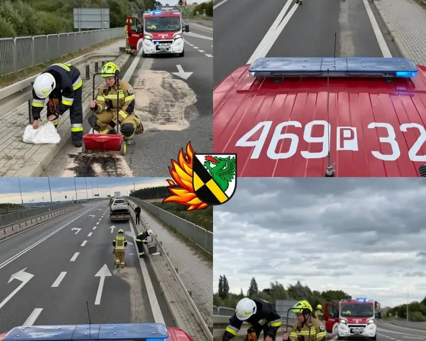 Plama oleju na drodze w Słupi pod Bralinem – interwencja OSP Perzów