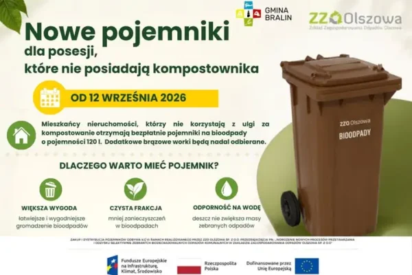 Gmina Bralin: bezpłatne brązowe pojemniki na bioodpady dla mieszkańców bez kompostownika