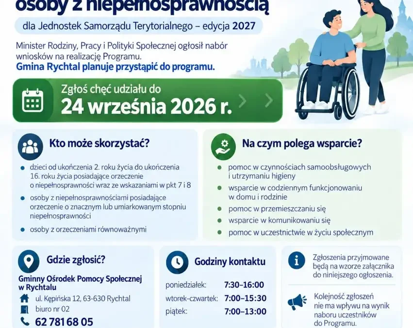 Gmina Rychtal chce przystąpić do programu „Asystent osobisty osoby z niepełnosprawnością” – edycja 2027