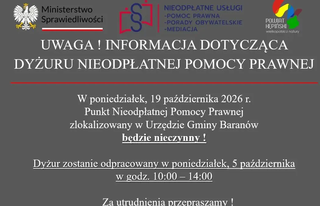 Zmiana terminu dyżuru nieodpłatnej pomocy prawnej w Urzędzie Gminy Baranów