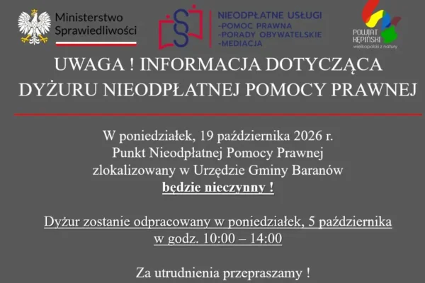 Zmiana terminu dyżuru nieodpłatnej pomocy prawnej w Urzędzie Gminy Baranów