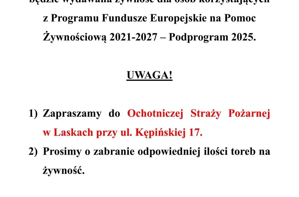 Wydawanie żywności z Programu Fundusze Europejskie na Pomoc Żywnościową w Gminie Trzcinica