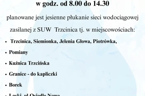 Jesienne płukanie sieci wodociągowej w Gminie Trzcinica – sprawdź, czy dotyczy Twojej miejscowości