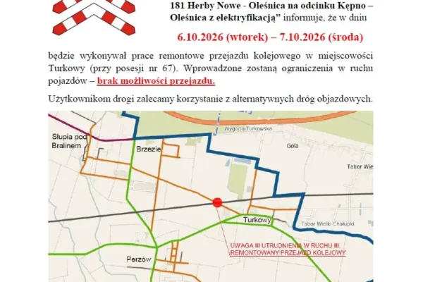 Utrudnienia w ruchu w Turkowach – remont przejazdu kolejowego 6–7 października