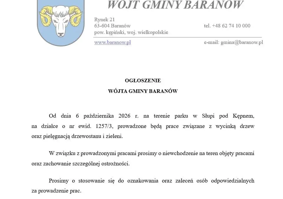 Wycinka drzew w parku w Słupi pod Kępnem – Wójt Gminy Baranów informuje o pracach