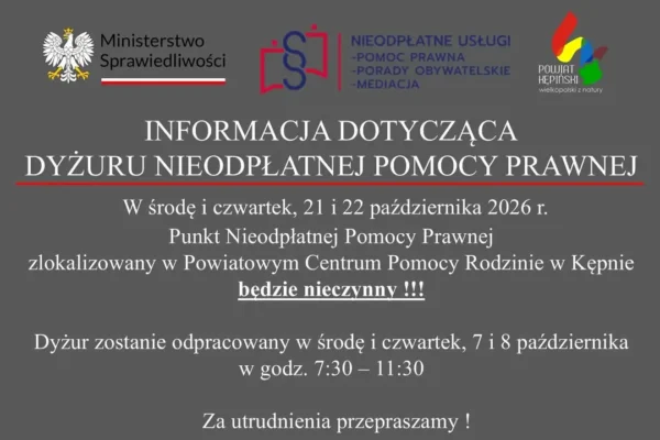Kępno: punkt nieodpłatnej pomocy prawnej będzie nieczynny 21 i 22 października