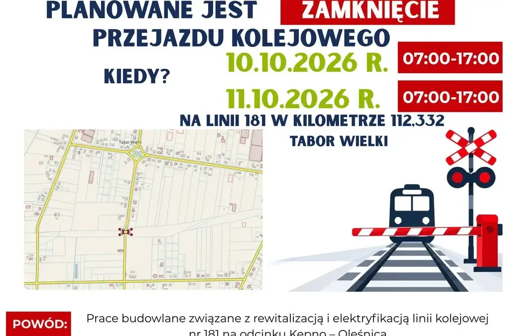 Zamknięcie przejazdu kolejowego w Taborze Wielkim – utrudnienia 10 i 11 października