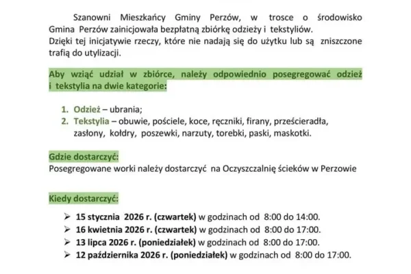Gmina Perzów przypomina o zbiórce odzieży i tekstyliów – dziś ostatni dzień