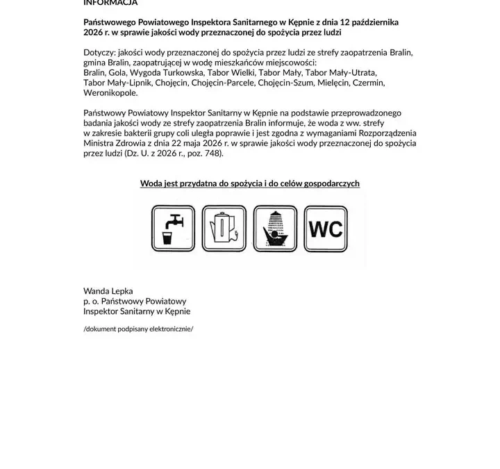 Woda w gminie Bralin przydatna do spożycia – komunikat sanepidu