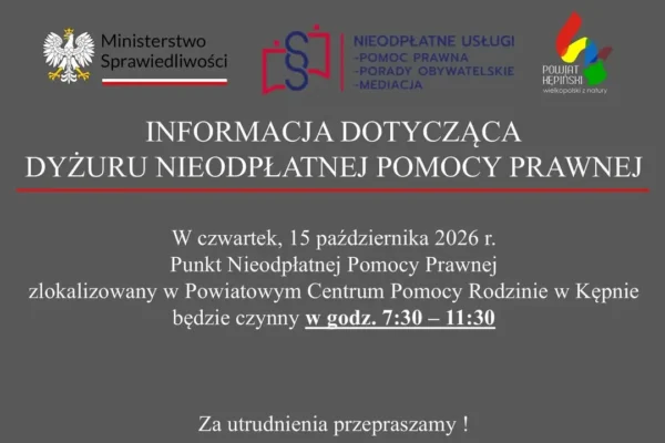 Kępno: zmiana godzin dyżuru nieodpłatnej pomocy prawnej 15 października