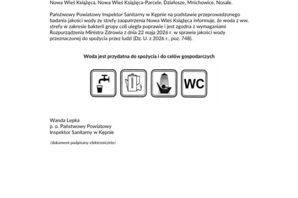 Woda w strefie Nowa Wieś Książęca (gmina Bralin) znów przydatna do spożycia