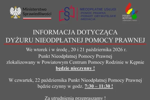 Nieodpłatna pomoc prawna w Kępnie: zmiany w dniach 20–22 października