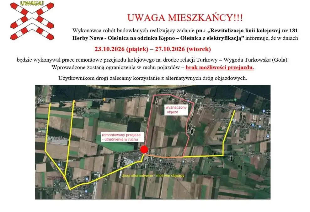 Zamknięcie przejazdu kolejowego w Turkowach – utrudnienia dla kierowców
