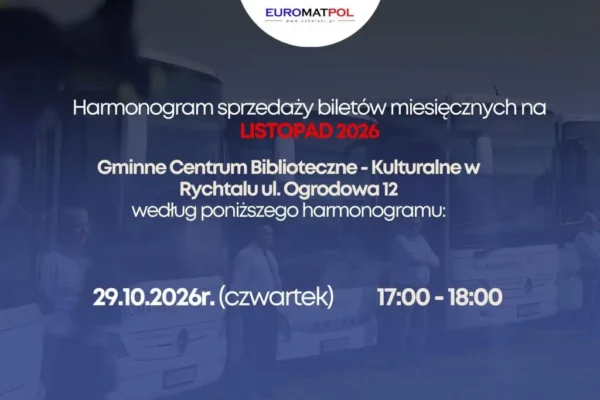 Gdzie kupić bilet miesięczny na listopad? Harmonogram sprzedaży w Rychtalu